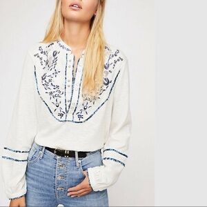 Free People White Long Sleeve Embroidered Peasant Blouse with Blue Detail